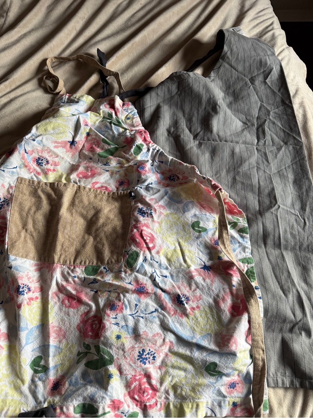 Ricardo Floral Cotton Apron and IKEA Grey Apron